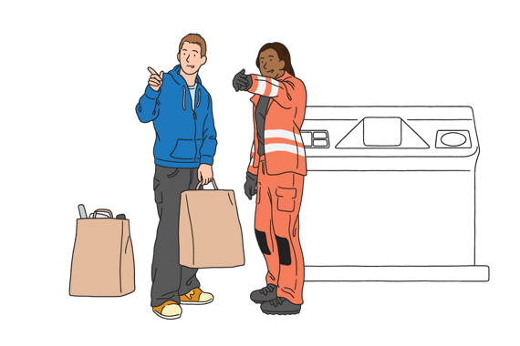 Illustration på två personer står vid en återvinningsstation.