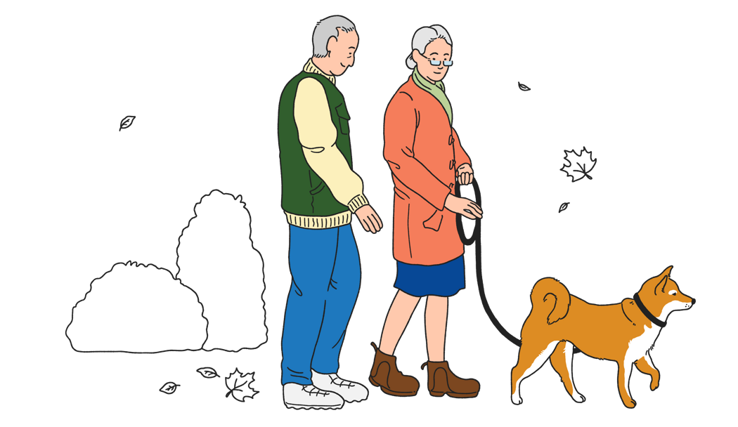 Illustration av en äldre man och äldre kvinna som är på promenad med sin hund