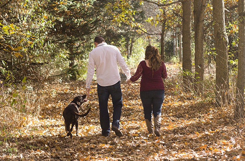 En kvinna och en man med en hund på en promenad i skogen