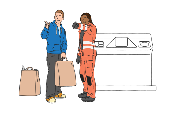 Illustration av en person med kassar och en person i varselkläder som pekar mot något