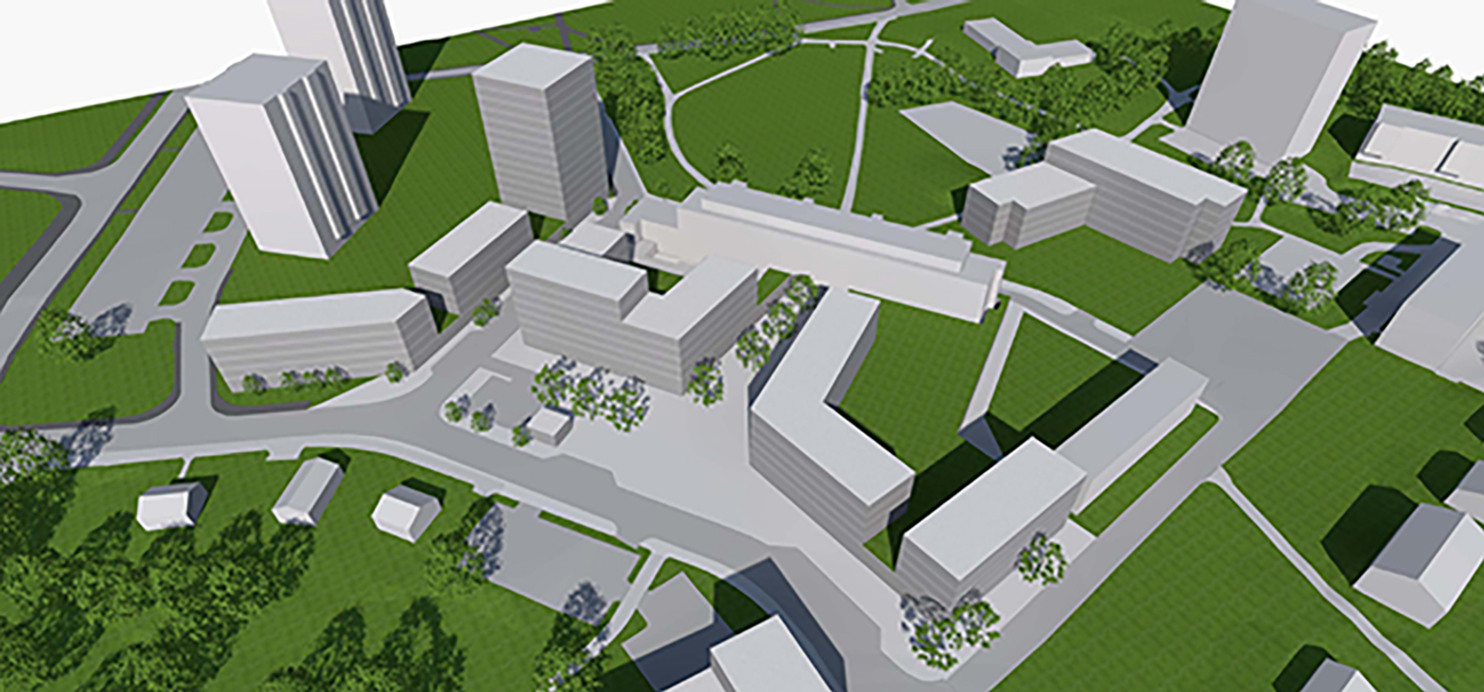 Animation av en skiss som visar hur Brunnsäng centrum kan komma att se ut i framtiden.
