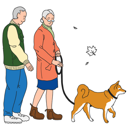 Illustration av en äldre man och äldre kvinna som är på promenad med sin hund
