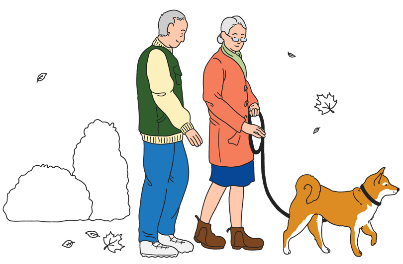 Illustration av en äldre man och äldre kvinna som är på promenad med sin hund