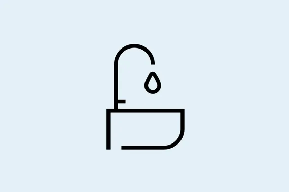 En enkel illustration av ett handfat där kranen droppar. Mot blå bakgrund. 