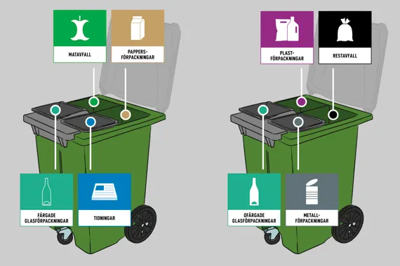 En illustration av två soptunnor märkta med instruktioner och symboler. 
