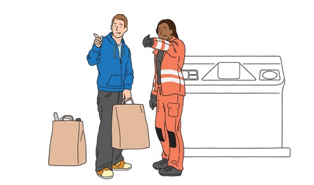 Illustration av en person med kassar och en person i varselkläder som pekar mot något.