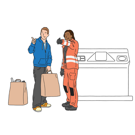 Illustration av en person med kassar och en person i varselkläder som pekar mot något.