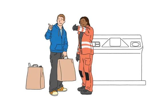 Illustration av en person med kassar och en person i varselkläder som pekar mot något.