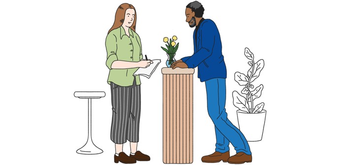 Illustration av en kvinna och en man som står och pratar i en reception
