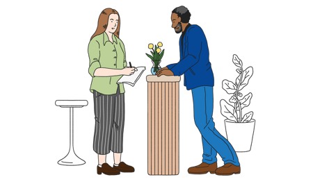 Illustration av en kvinna och en man som står och pratar i en reception