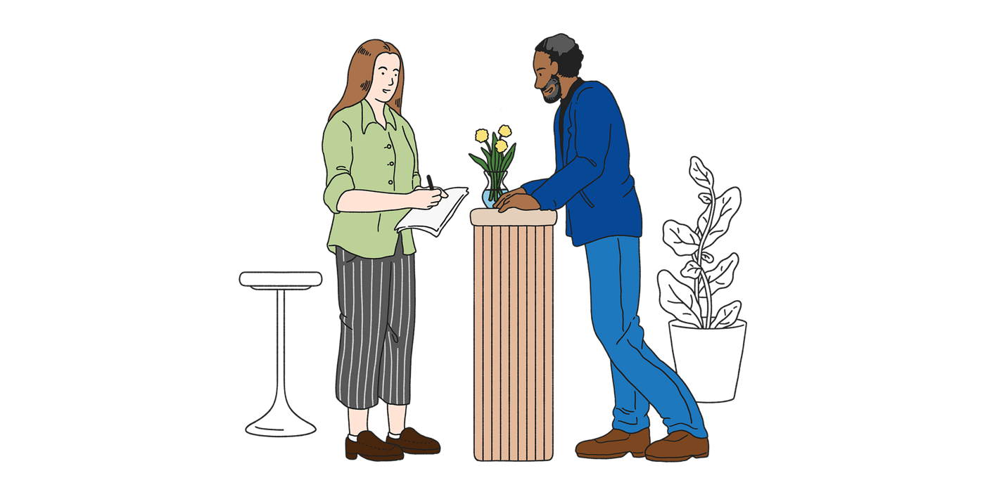 Illustration av en kvinna och en man som står och pratar i en reception