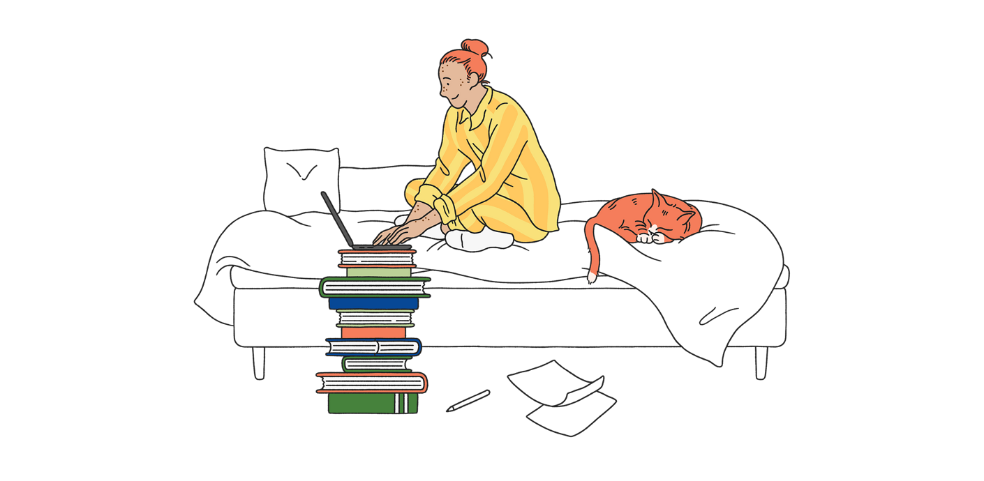 Illustration av ung kvinna som sitter i sängen och tittar på sin laptop, som står på en trave med böcker vid sängen. Det ligger en katt i sängen