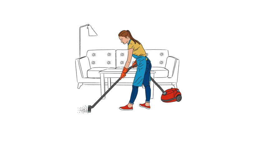 Illustration av en kvinna som dammsuger ett vardagsrum.