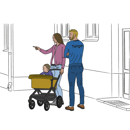 Illustration av en man samt en kvinna med barnvagn