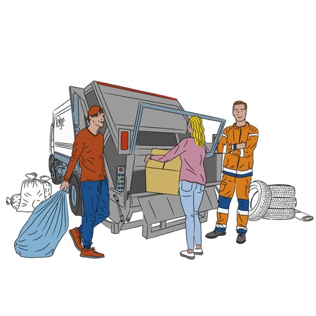 Illustration. Tre personer lämnar återvinning vid en lastbil.
