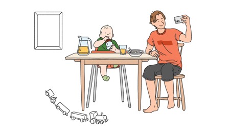 Illustration av en ung man och ett litet barn som sitter vid ett matbord och äter. Mannen tar ett foto med sin mobil.