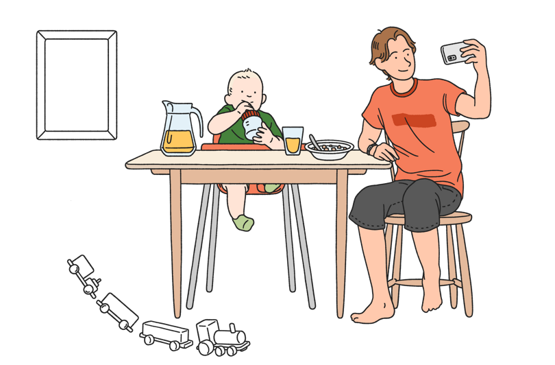 Illustration av en ung man och ett litet barn som sitter vid ett matbord och äter. Mannen tar ett foto med sin mobil.