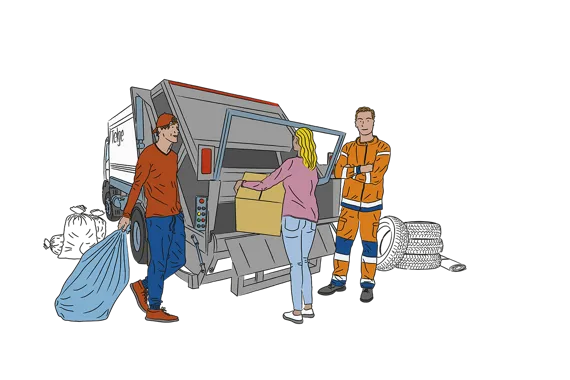 Illustration. Tre personer lämnar återvinning vid en lastbil.