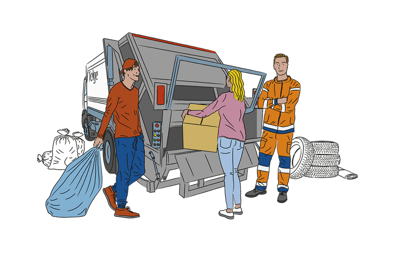 Illustration. Tre personer lämnar återvinning vid en lastbil.