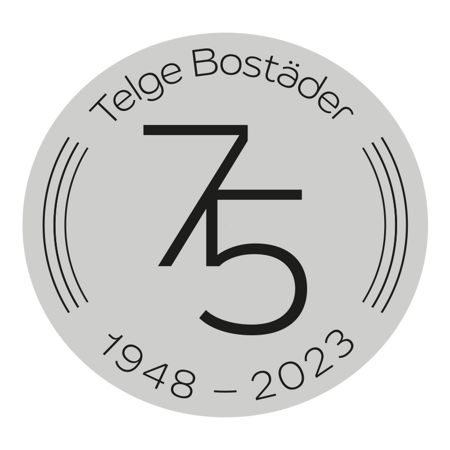 Symbol med texten Telge Bostäder 75 1948-2023.