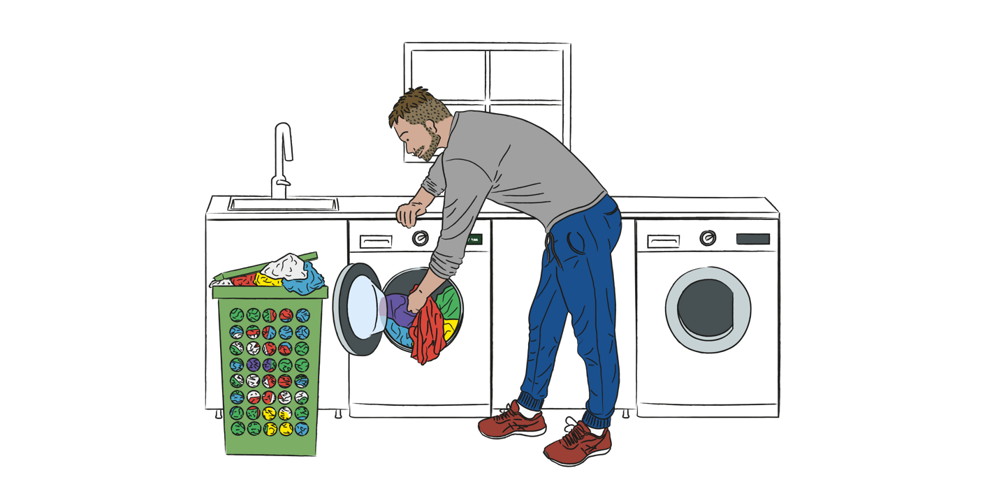Illustration av en man som stoppar in tvätt i en tvättmaskin.