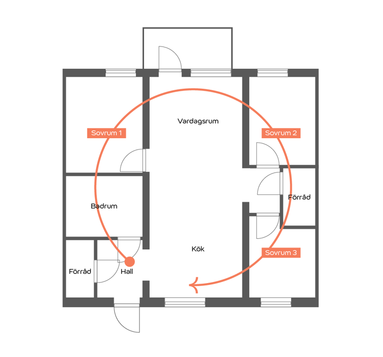 Planritning av en lägenhet med tre sovrum.