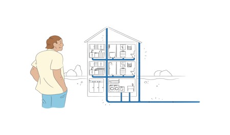 Illustration av en man som står och tittar på ett tvådimensionellt hus i genomskärning, där det visas hur ledningarna går genom huset.