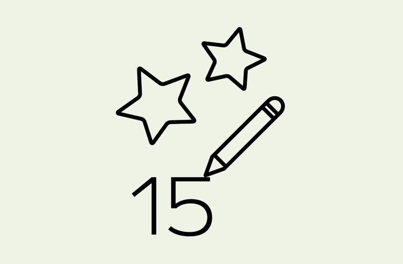 Nummer 15 med två stjärnor ovanför och en penna
