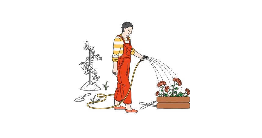En person i röd hängselbyxor som vattnar en blomlåda med en vattenslang