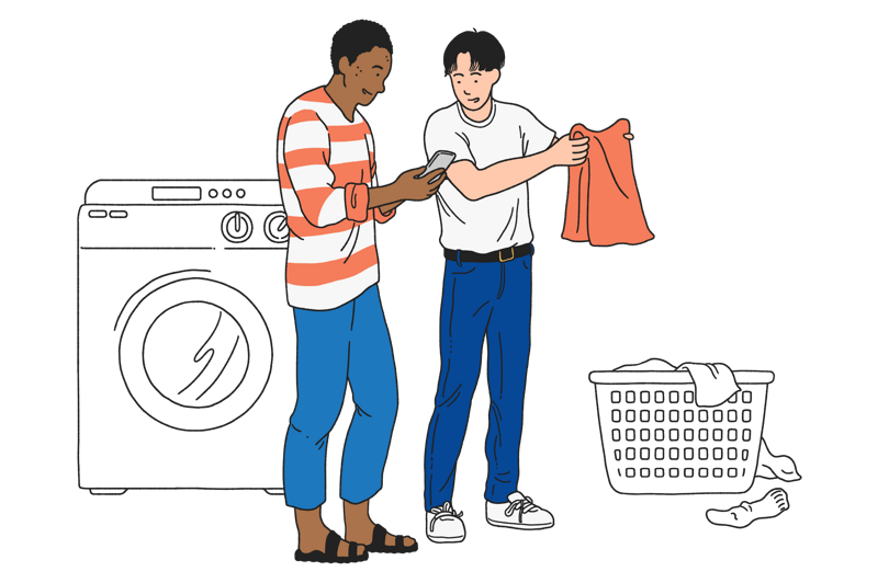 Illustration av två unga män som står i en tvättstuga, en tittar i mobilen och en tar hand om tvätt