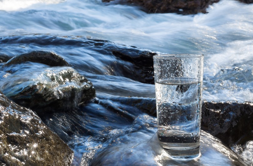 Ett vattenglas som står på en sten i ett vattendrag